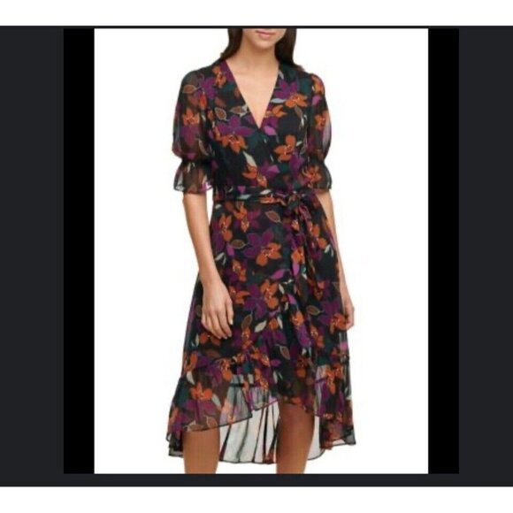Calvin Klein Floral Asymmetrical Wrap Dress Sz 16 Surplice Neckline Ruffle Cuff - Picture 1 of 13